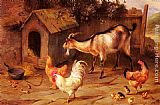 Dog Canvas Paintings - Fowl, Chicks And Goats By A Dog Kennel